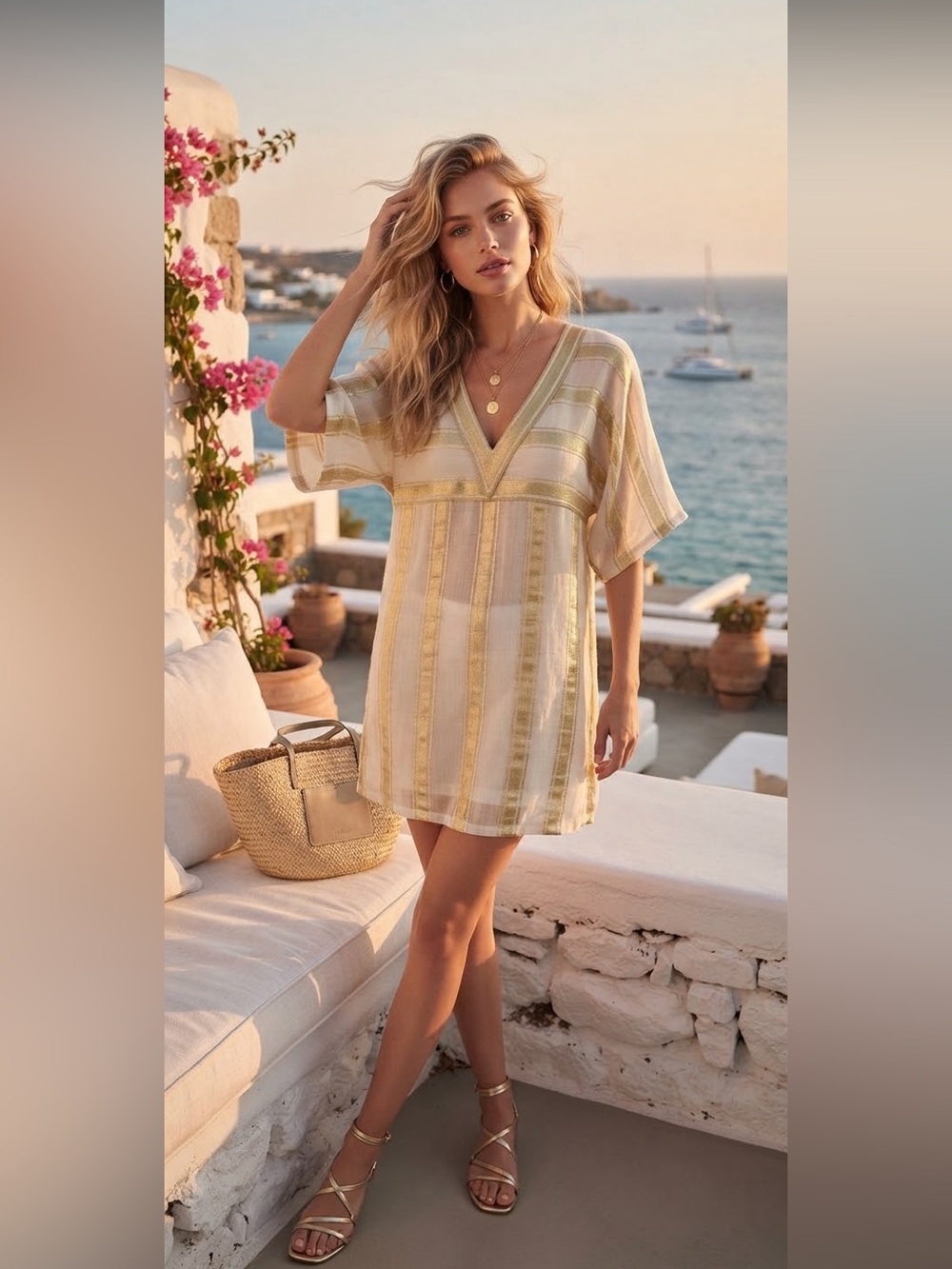 La Perla ivory and metallic gold-striped tunic dress